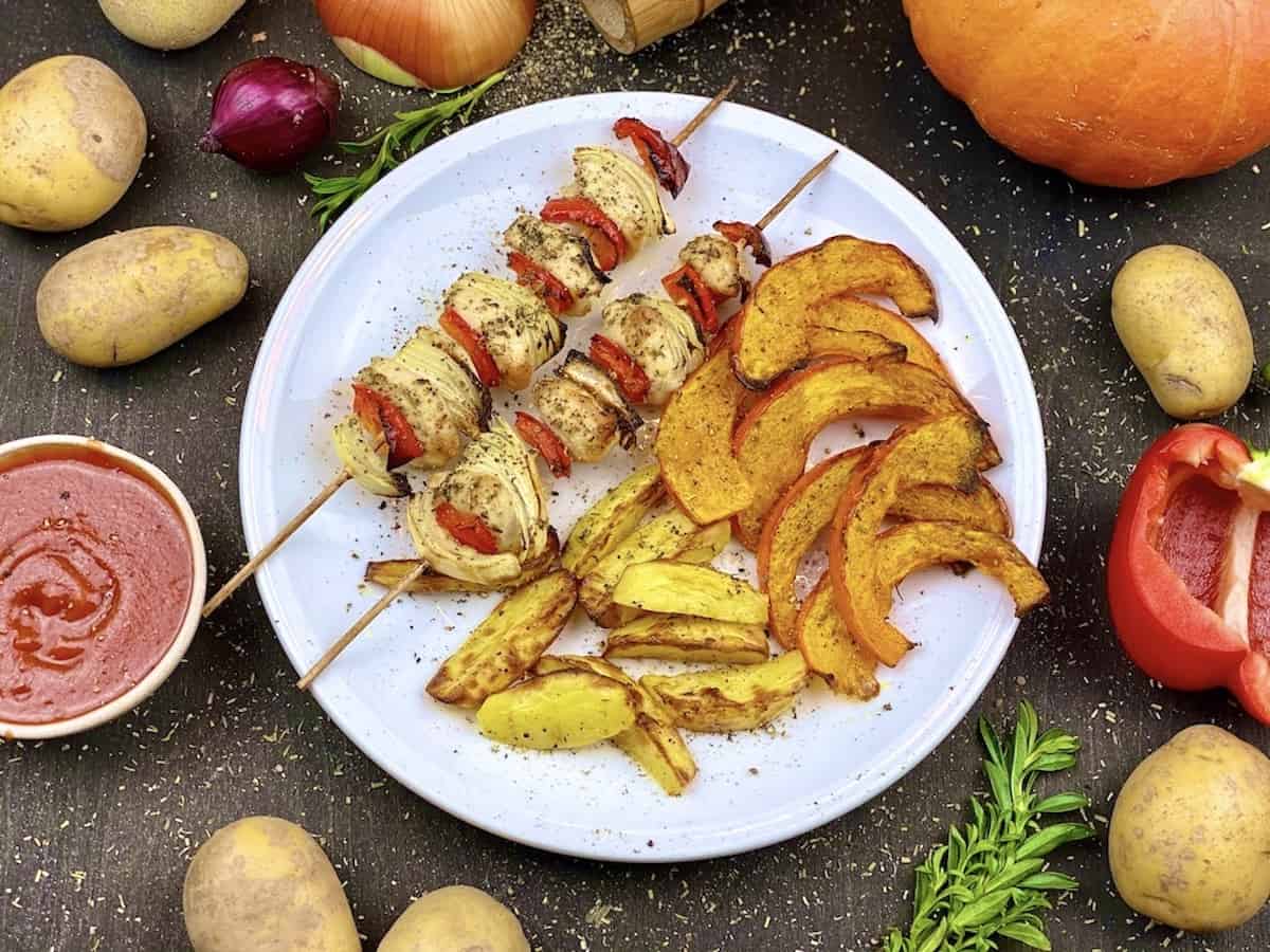 Turkey Skewers with Potatoes and Pumpkin